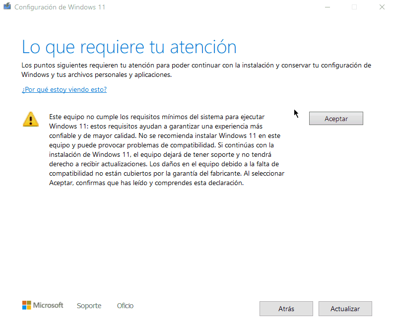 Animación del asistente de instalación de Windows 11 llegando a la pantalla «Listo para instalar», con «Instalar Windows 11 Pro» y «Conserva los archivos personales y las aplicaciones».