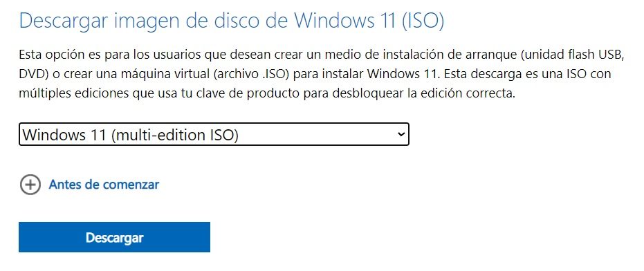Apartado «Descargar imagen de disco de Windows 11 (ISO)» en la web de Microsoft, con el desplegable en «Windows 11 multi-edition ISO» y el botón Descargar.