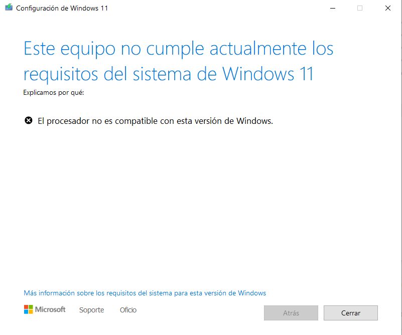 Ventana «Configuración de Windows 11» con el aviso «Este equipo no cumple actualmente los requisitos del sistema de Windows 11» y, como motivo, que el procesador no es compatible.