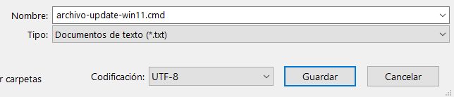 Cuadro «Guardar como» del Bloc de notas con el nombre «archivo-update-win11.cmd» y el tipo «Documentos de texto».