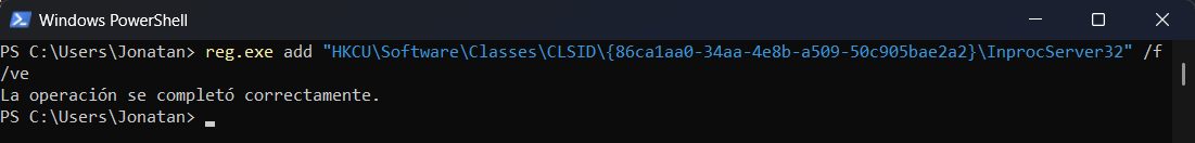 Ventana de PowerShell tras ejecutar la orden reg.exe add, con el mensaje «La operación se completó correctamente».