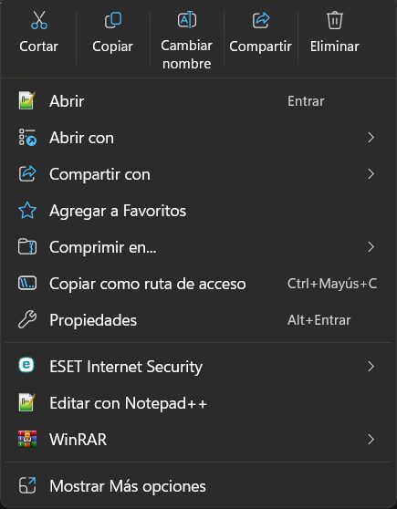 Menú contextual de Windows 11 con iconos en la fila superior y la entrada «Mostrar Más opciones» al final.