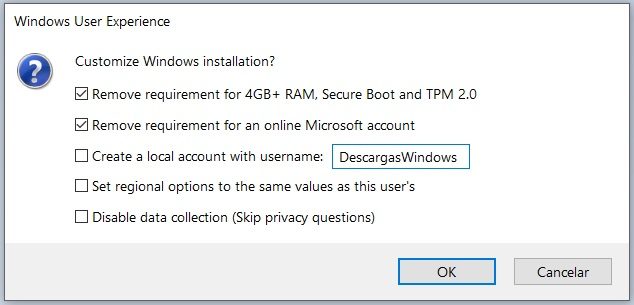 Cuadro «Windows User Experience» de Rufus con cinco casillas; las dos primeras, quitar el requisito de 4 GB de RAM, Arranque seguro y TPM 2.0, y quitar el requisito de cuenta de Microsoft, aparecen marcadas.